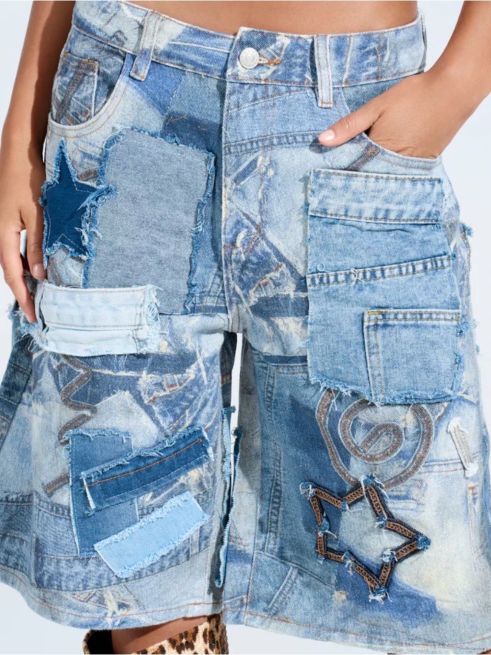 AKIRA Patchwork Light Blue & Dark Blue Wide-Leg Denim Bermudas